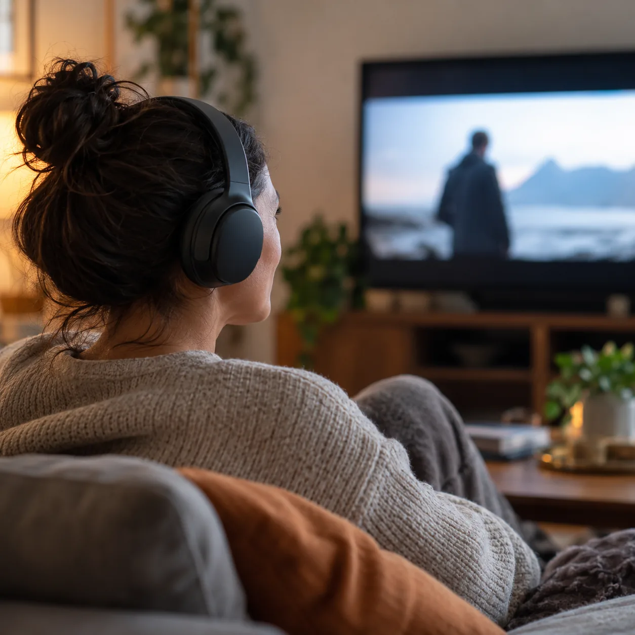 Una mujer de rodete, con auriculares grandes, mira la tele desde el sillón; en la pantalla, un hombre de abrigo está de espaldas frente a un mar gris.