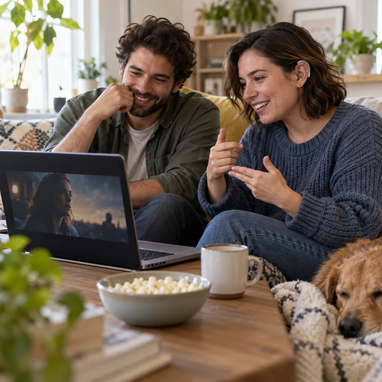 Una pareja ríe en el sillón frente a una notebook con una película; ella usa audífono y le habla con las manos, y un perro duerme a su lado.